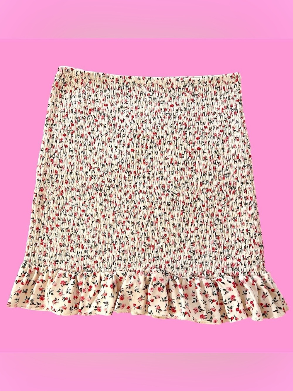 Cream Floral smocked midi skirt